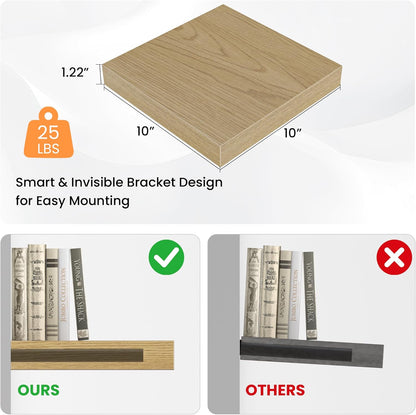 Square Floating Shelves for Wall, 10" W x 10" D x 1.2" H, Small Wooden Wall Mounted Display Shelves