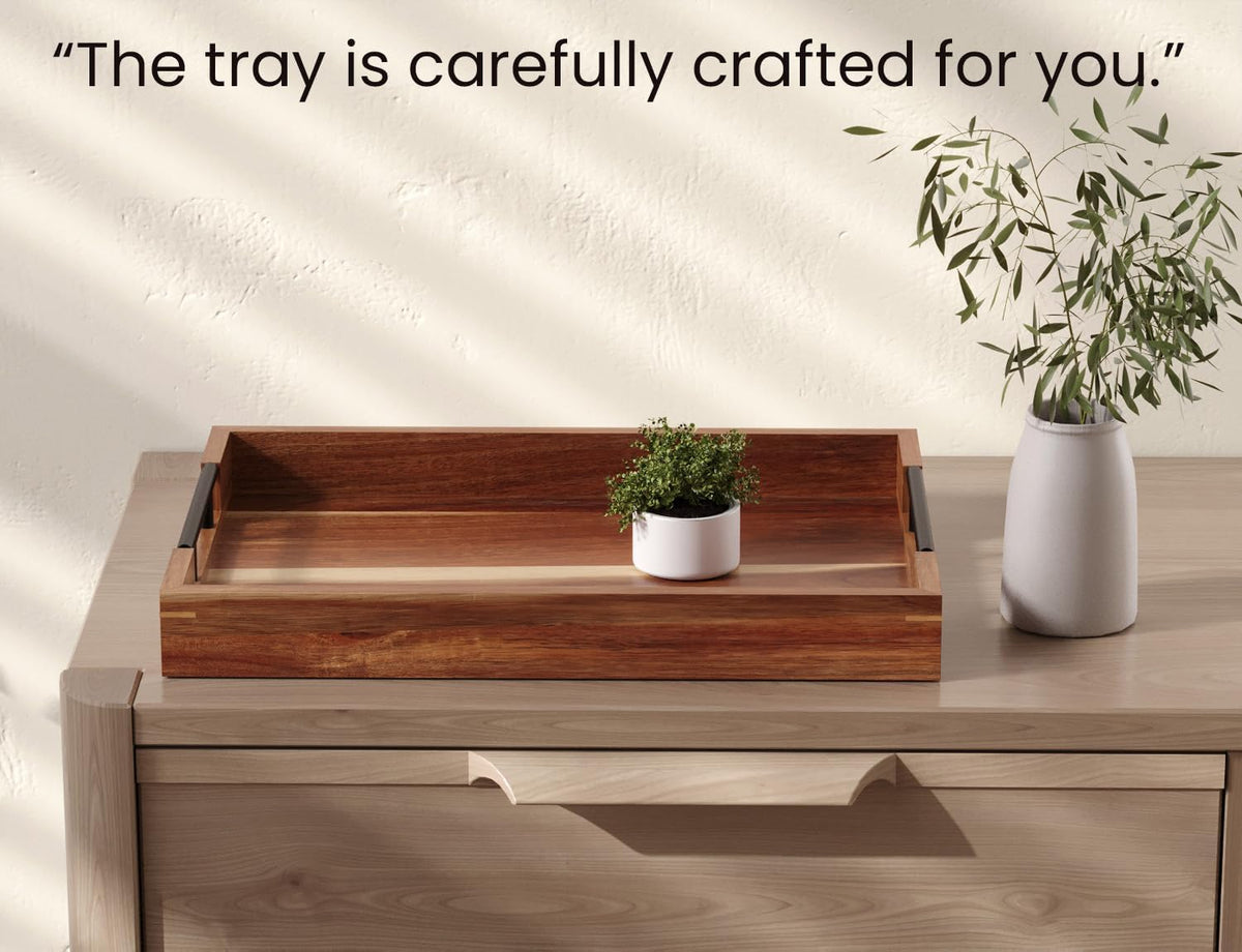 Acacia Wood Serving Tray with Metal Handles,17x12in Ottoman Decorative Trays Platter for Coffee