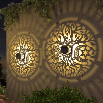 2 Pack Solar Fence Lights Metal Solar Powered Outdoor Wall Deck Step Lights Tree Theme Waterproof