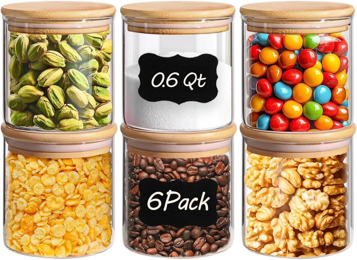 ComSaf Airtight Glass Food Storage Jars Set of 6, 0.6 Qt Clear Glass Food Storage Container with