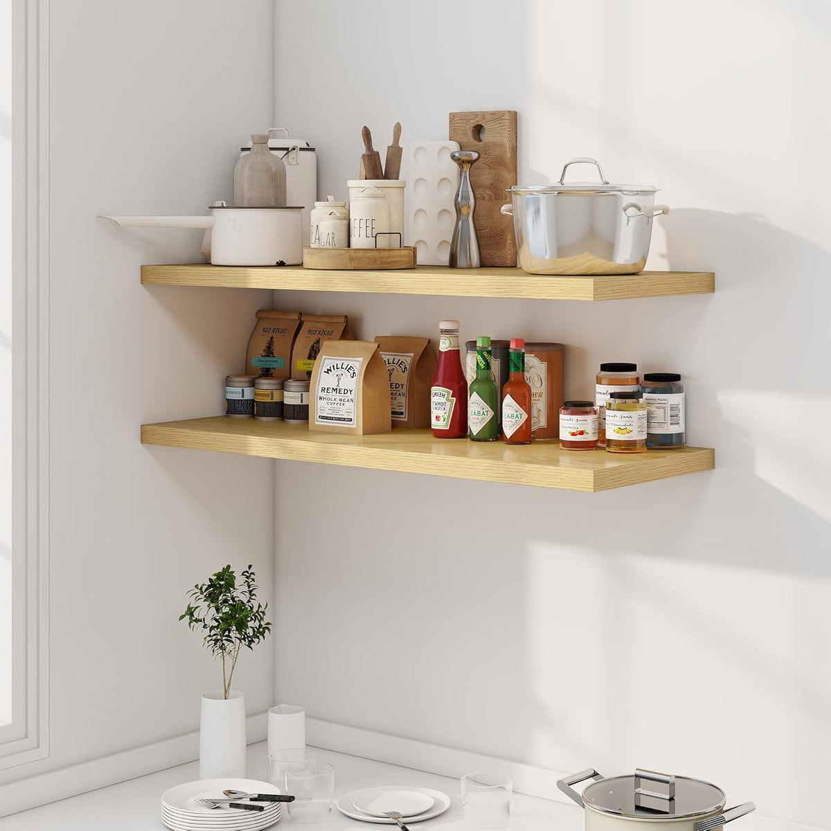 40" Floating Shelves for Wall, 12" Deep Slim Oak Floating Shelves, Wall-Mounted Shelves for
