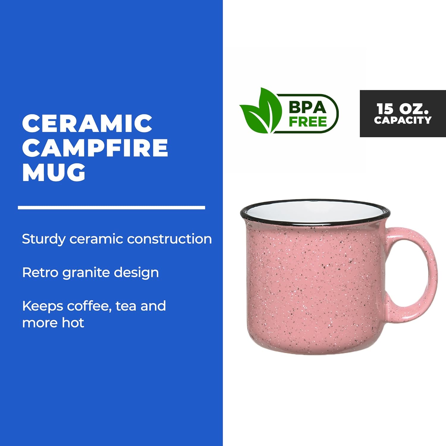 Set of 8 Ceramic Campfire Mugs – 15 Oz, Pink – Coffee & Tea Cups for Home, Work, Travel, Camping