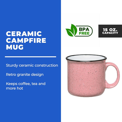 Set of 8 Ceramic Campfire Mugs – 15 Oz, Pink – Coffee & Tea Cups for Home, Work, Travel, Camping