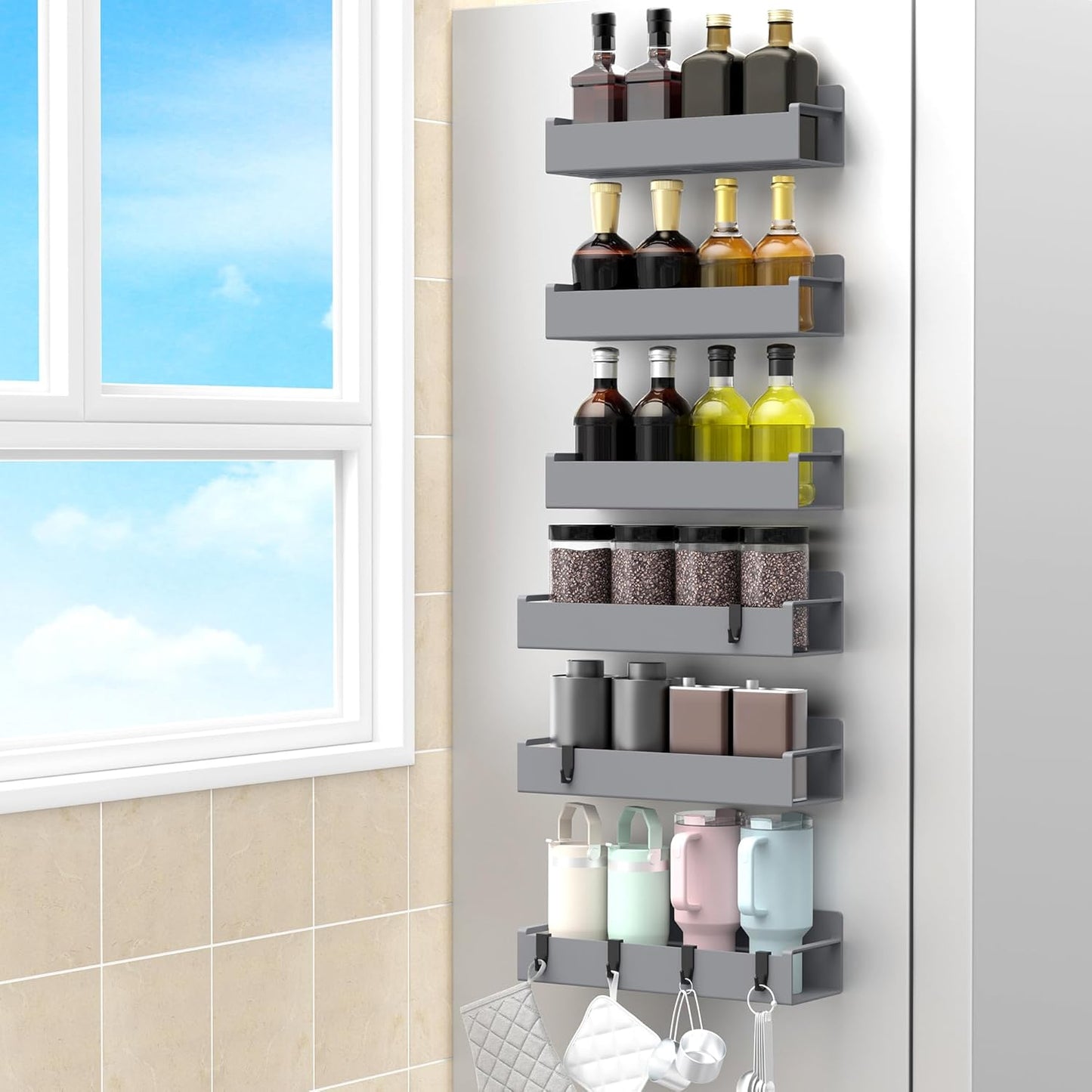 6 Pack Magnetic Spice Rack Organizer for Refrigerator and Oven, Dark Grey Fridge Organizers and