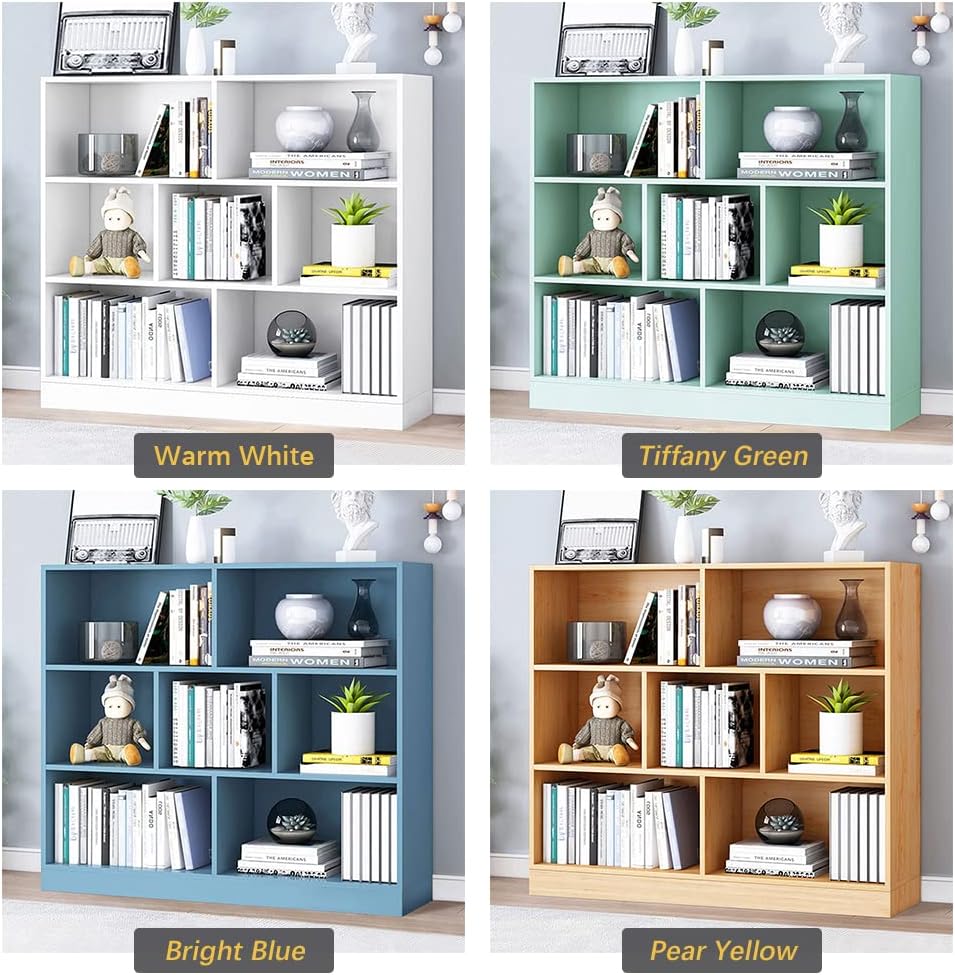 IOTXY Open Shelf Low Bookcase - Wooden 3-Tier Floor Standing Display Cabinet Organizer with Base, 7
