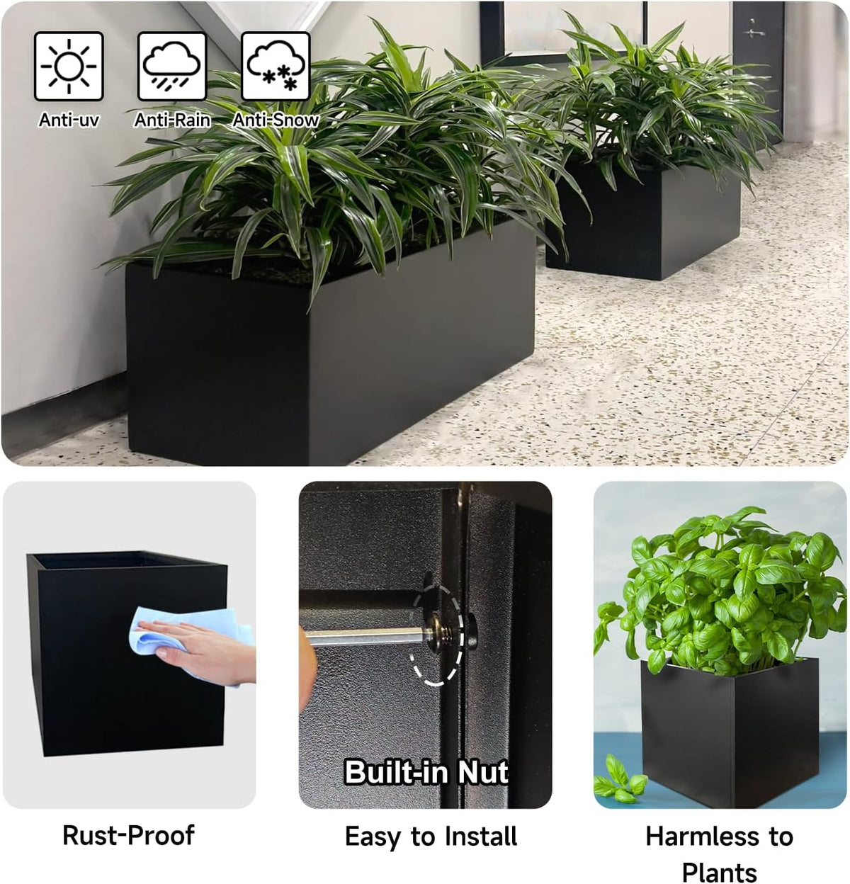 Steel Planter 36" x 12" x 16" Metal Rectangle Outdoor Planter Black Powder Coated Flower Box
