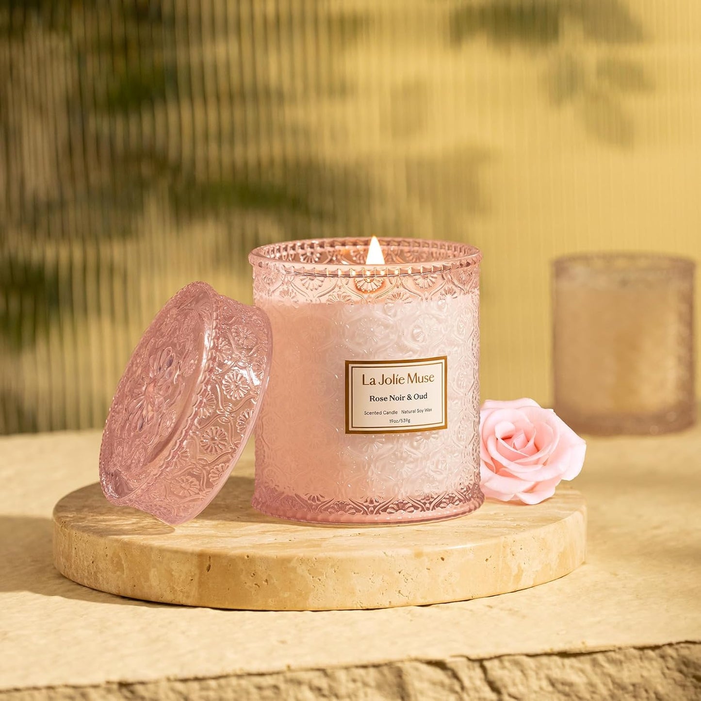 LA JOLIE MUSE Rose Noir & Oud Scented Candle – Lemon, Rose & Oud |19 oz Large Wooden Wick Candle |