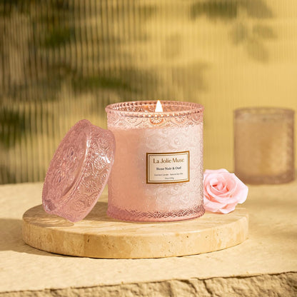LA JOLIE MUSE Rose Noir & Oud Scented Candle – Lemon, Rose & Oud |19 oz Large Wooden Wick Candle |