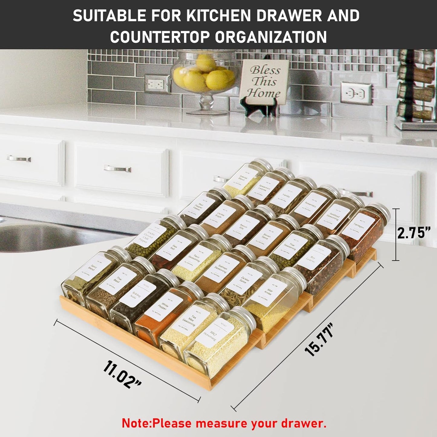 Spice Drawer Organizer with 20 Spice Jars,216 Labels,25 Non-slip Rubber, Bamboo 4 Tier Seasoning