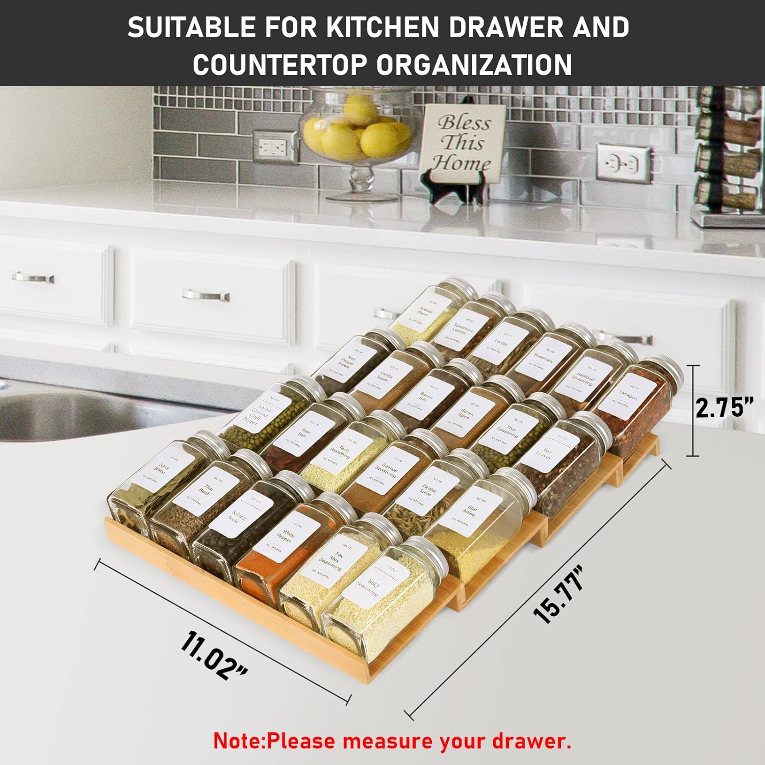 Spice Drawer Organizer with 20 Spice Jars,216 Labels,25 Non-slip Rubber, Bamboo 4 Tier Seasoning