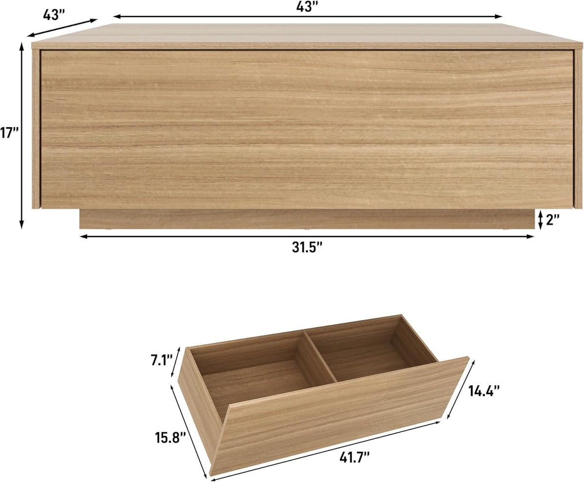 43” Square Coffee Table with Storage, 43" D x 43" W x 17" H Modern Large Square Center Table with 2