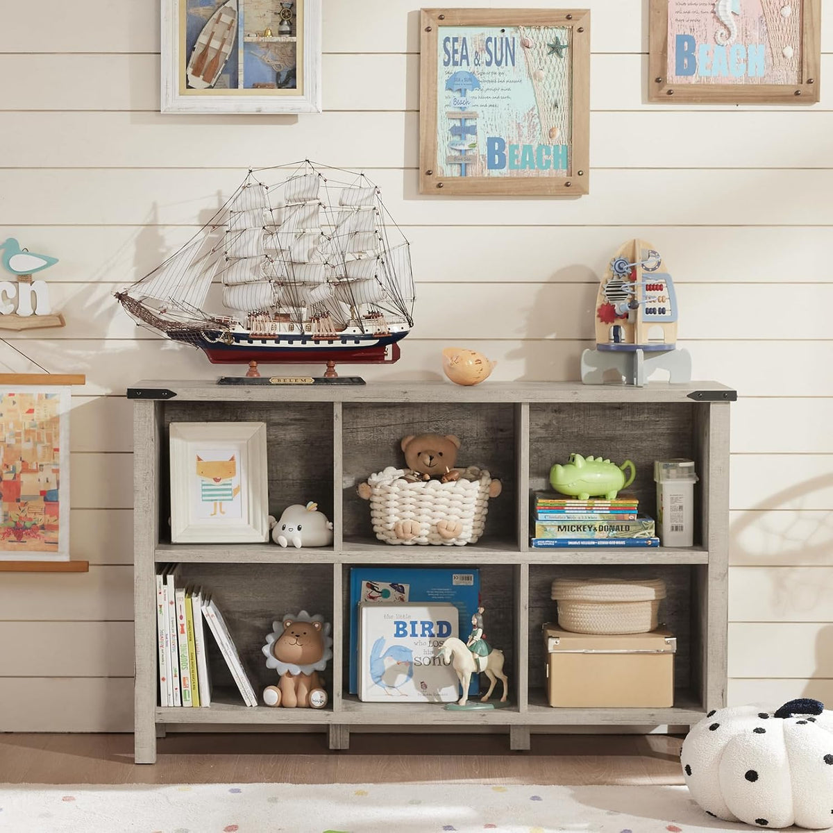 Farmhouse 6 Cube Bookshelf, Rustic Grey Oak Wooden Storage Organizer Book Shelf, 47 Inch Cubby