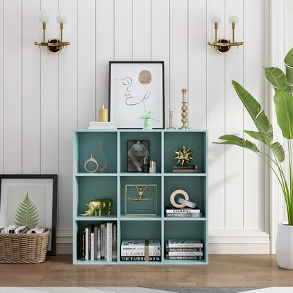 9-Cube Storage Shelf Bookcase - Wooden 3-Tier Floor Standing Open Bookshelf for Home and Office
