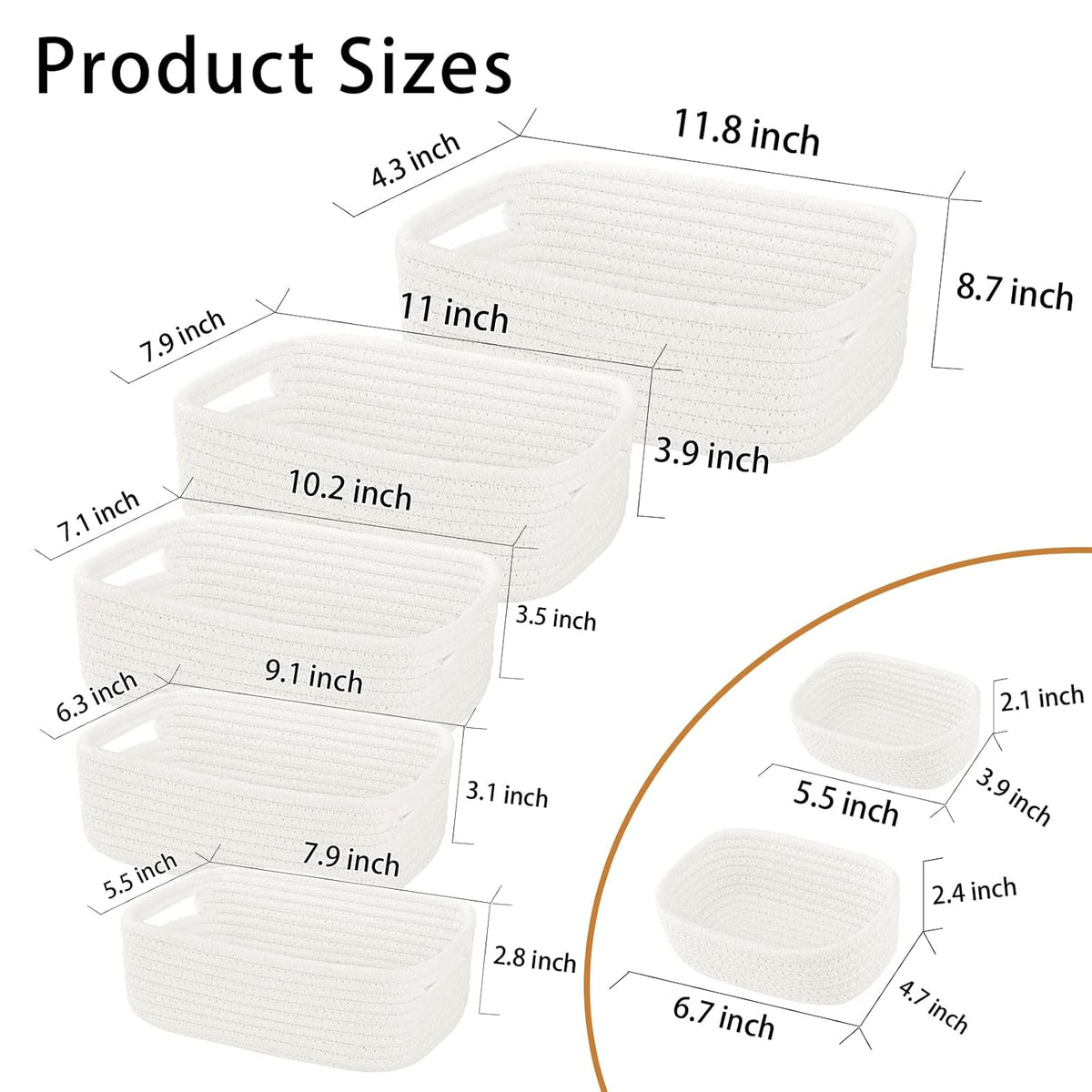 7 Piece Cotton Rope Woven Basket Set - Small Basket for Baby Nursery, Pets, Montessori, Dog & Cat