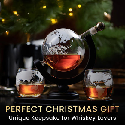 Globe Whiskey Decanter Gift Set by Royal Reserve | Etched World Map Globe Decanter 29 oz 850 ml