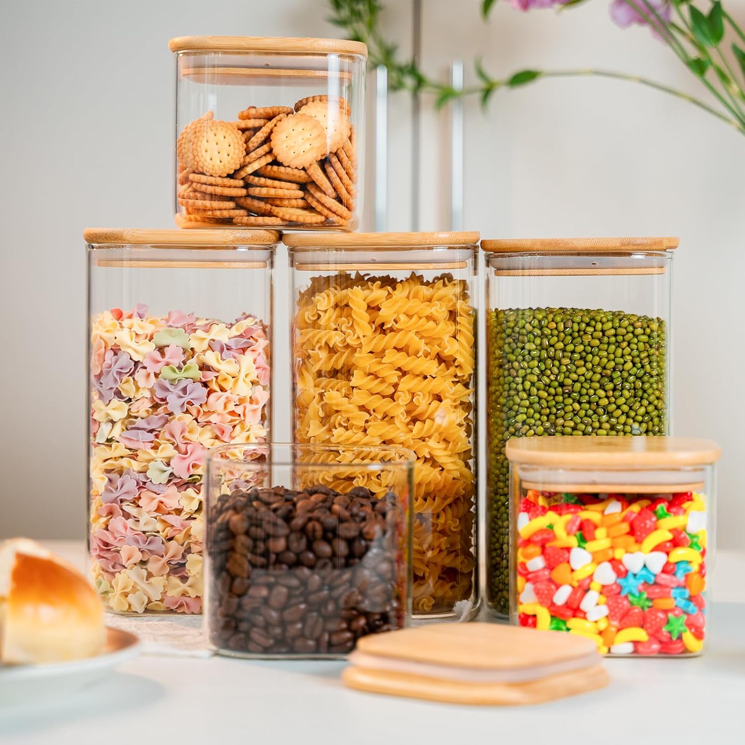 Glass Storage Jars 6 Pack -50oz (10cmx20cm)Clear Glass Food Storage Containers with Airtight Bamboo