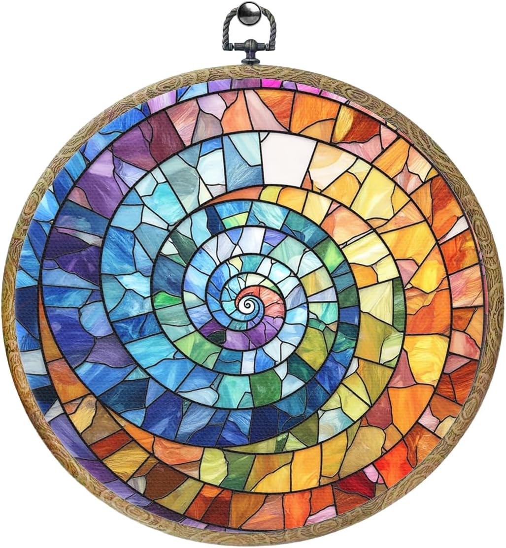 Colorful Boho Rainbow Geometric Spiral Sun Art Gift Framed Round Wall Decor Canvas Wall Art Hanging