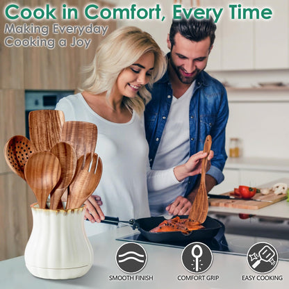 Wooden Spoons for Cooking 6 Piece - Natural Teak Wood Kitchen Utensils Set - Smooth Finish Soft