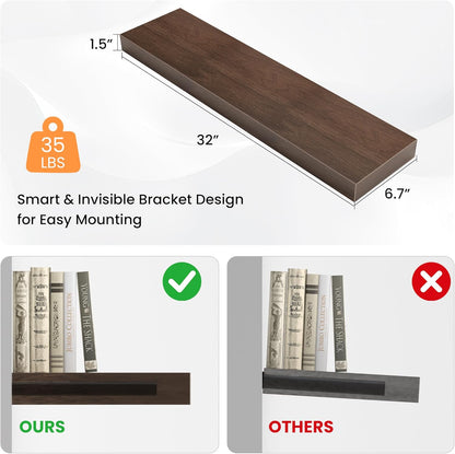 Floating Shelves for Wall, 31.5"W x 6.7"D x 1.5"H, Wooden Wall Mounted Display Shelves with