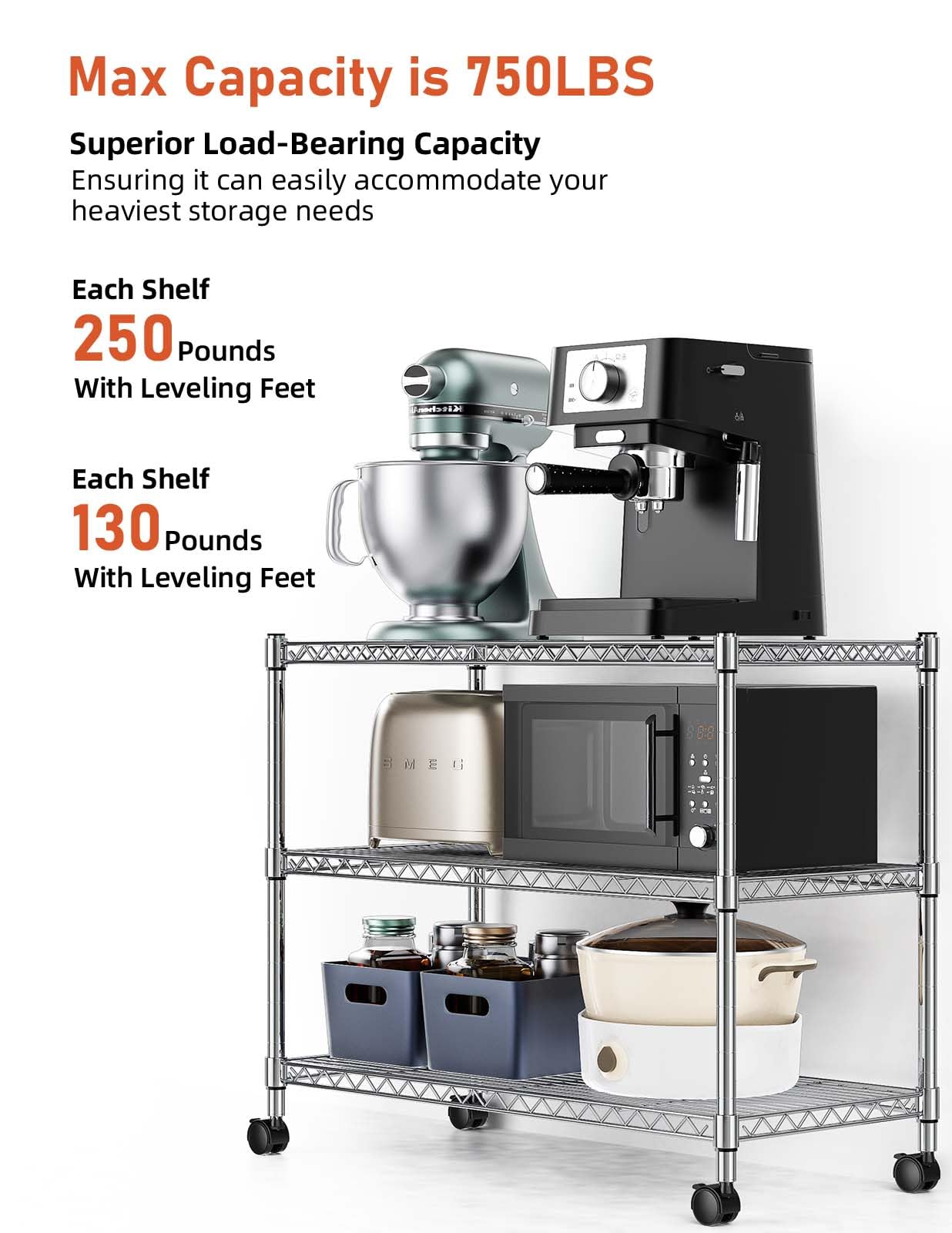 Simple Deluxe 3-Tier Heavy Duty Storage Shelves 750Lb Capacity, 24.02" D x 13.78" W x 21.97" H
