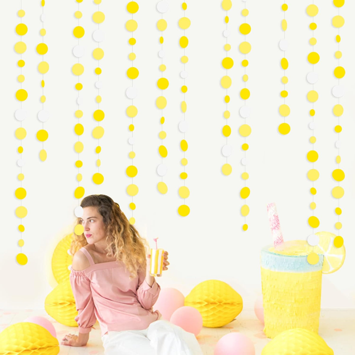 46 Ft Yellow White Circle Dots Garland Gradient Yellow Polka Dot Hanging Paper Streamer for Wedding