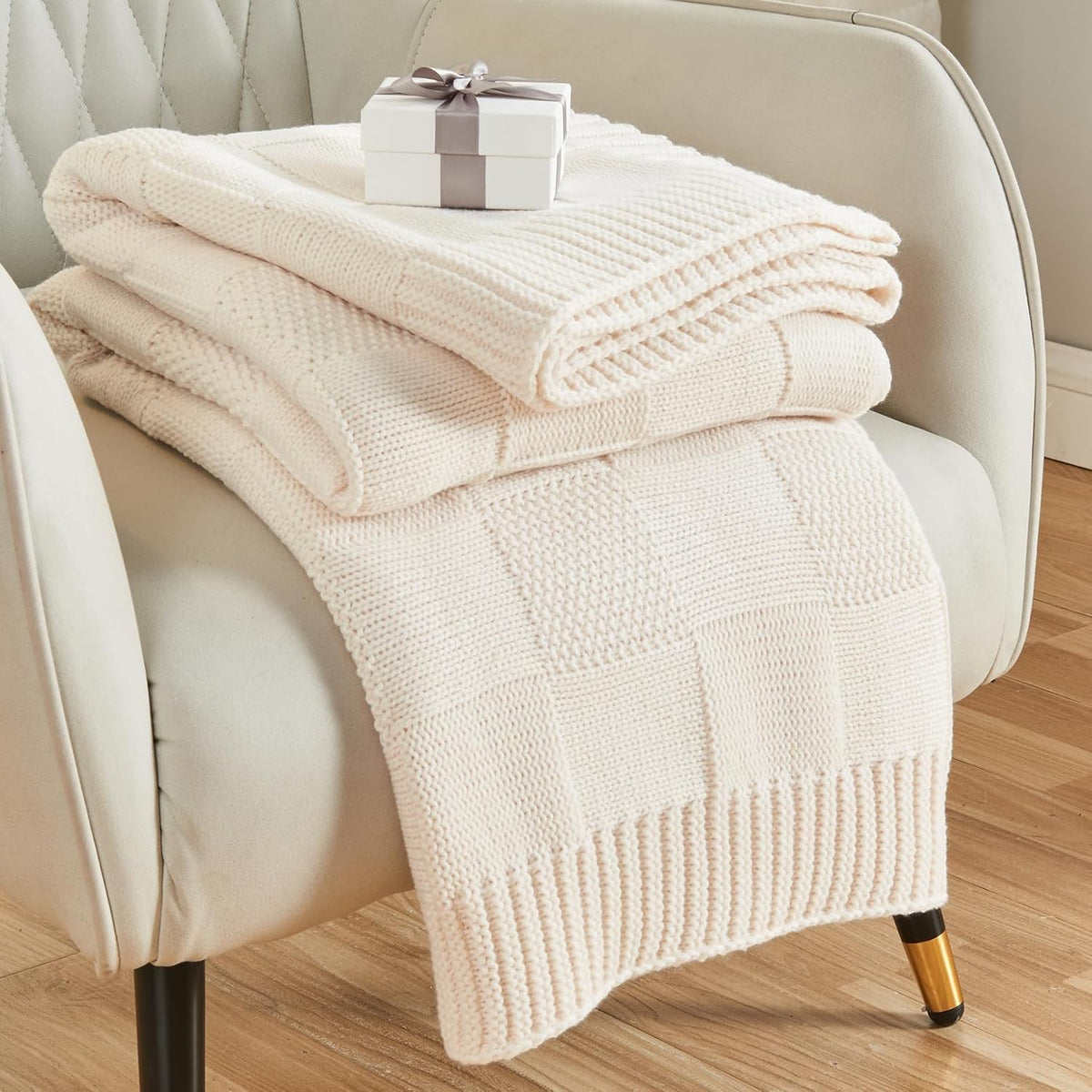 CozeCube Check Knit Throw Blanket, Cream White Checkered Throw for Couch, Decorative Christmas Soft