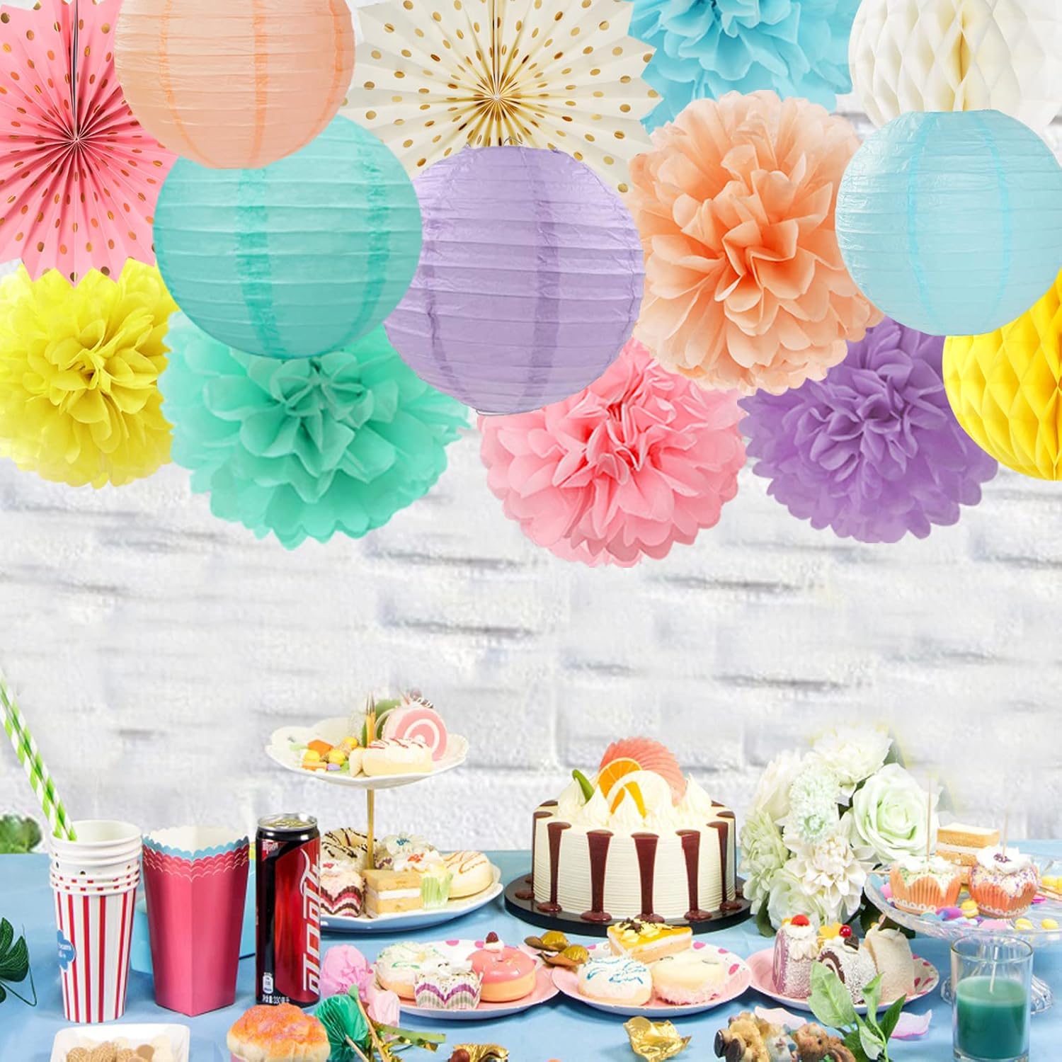 Pastel Rainbow Party Decorations Streamers - 14pcs Boy Girl Kids Birthday Supplies,Pink Yellow Blue
