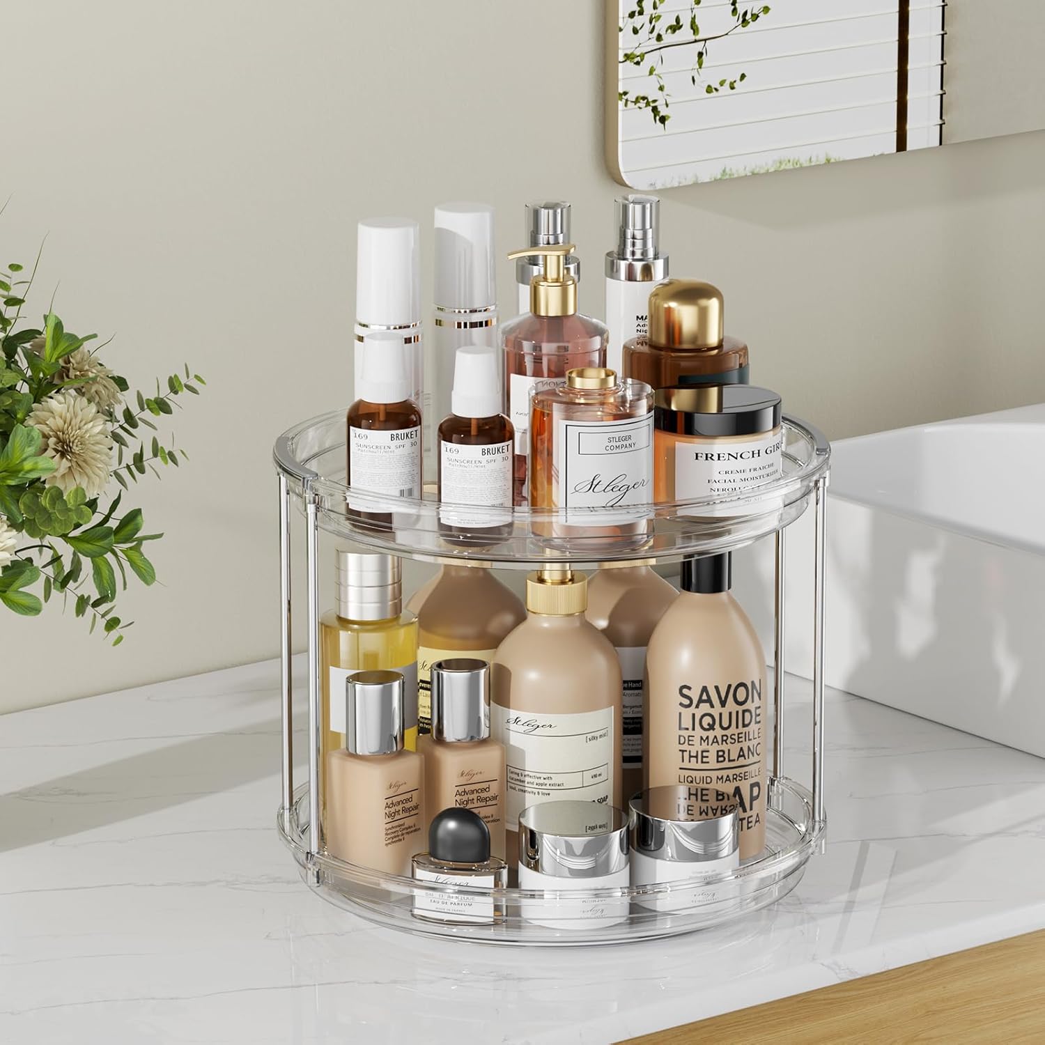 2 Pack 2 Tier Lazy Susan Organizer, 9.25'' Lazy Susan Turntable for Cabinet, Stackable Turntable