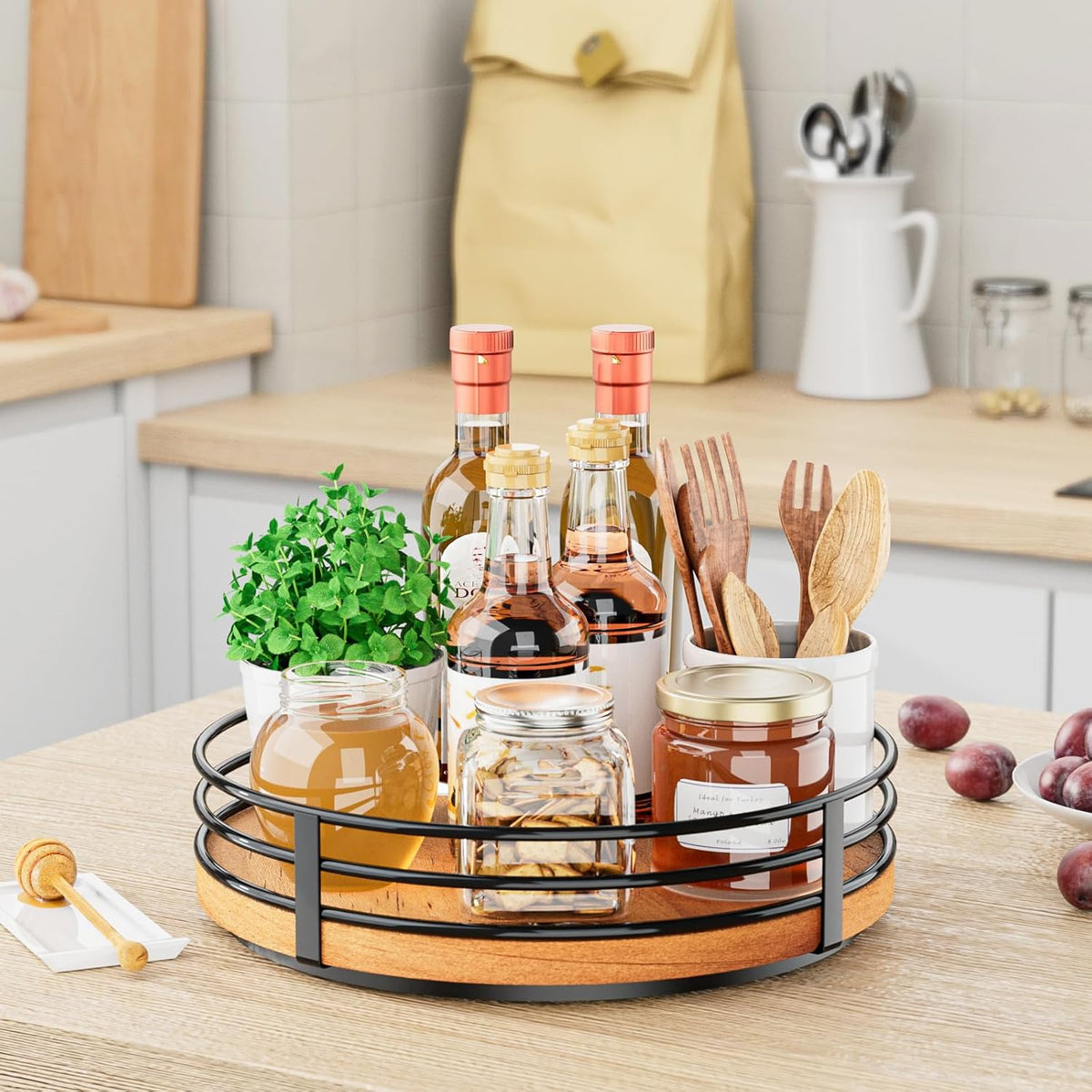 10" Lazy Susan Turntable Organizer - Wood Round Lazy Susan for Cabinet Kitchen Countertop Dining