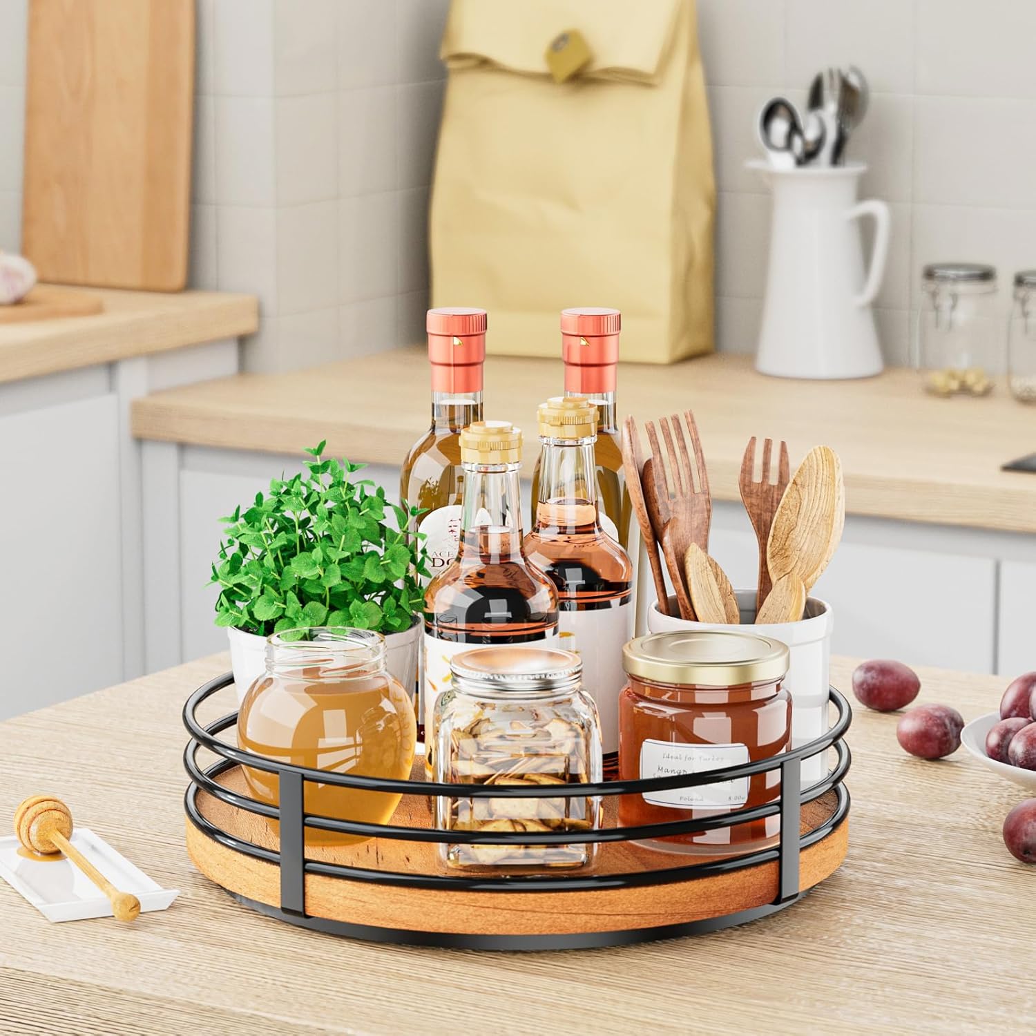 10" Lazy Susan Turntable Organizer - Wood Round Lazy Susan for Cabinet Kitchen Countertop Dining
