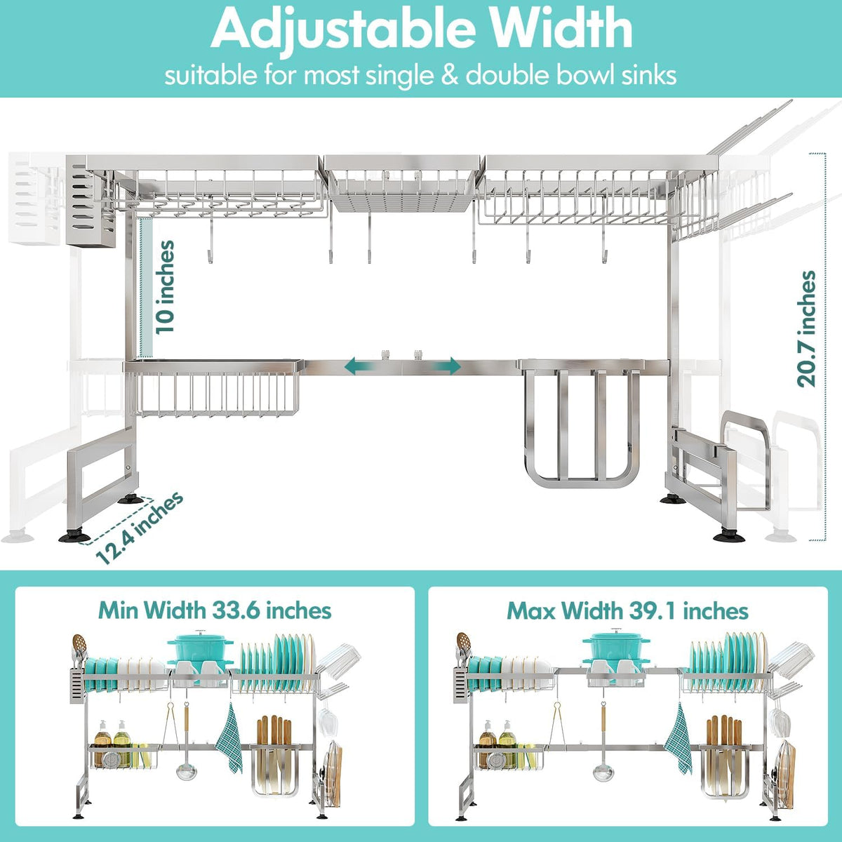 MAJALiS Over Sink Dish Drainer Drying Rack, 2 Tier Stainless Steel Dish Rack Over Sink Sink Length