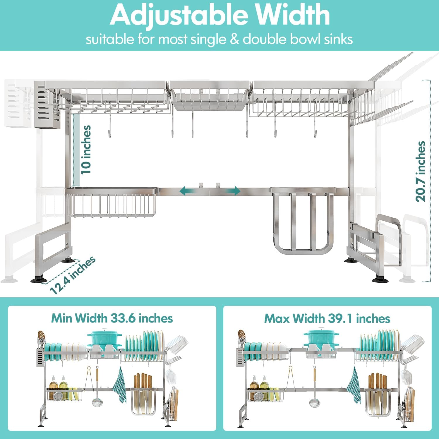MAJALiS Over Sink Dish Drainer Drying Rack, 2 Tier Stainless Steel Dish Rack Over Sink Sink Length