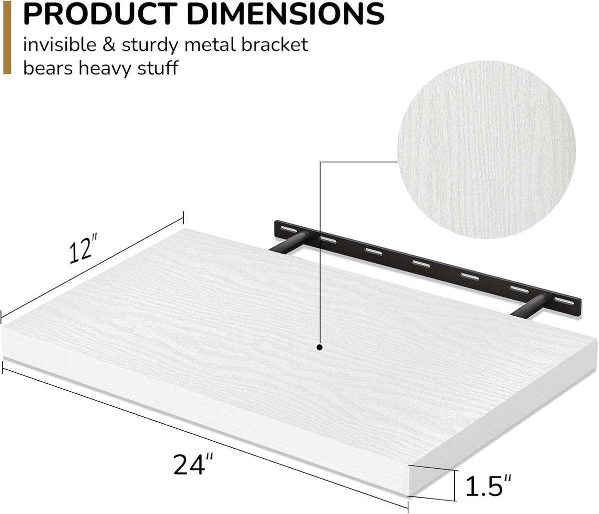 Fun Memories Floating Shelves - 2 Pack 12 Inch Deep Rustic Wooden Wall Shelves - Extra Deeper &
