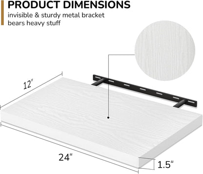 Fun Memories Floating Shelves - 2 Pack 12 Inch Deep Rustic Wooden Wall Shelves - Extra Deeper &