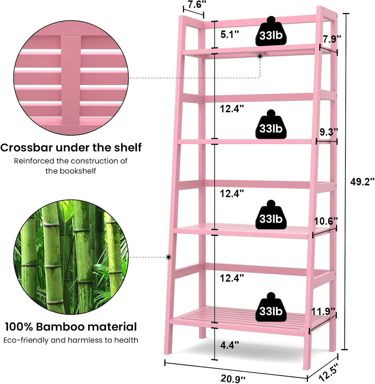 Homykic Bamboo Ladder Bookshelf, 4-Tier Ladder Shelf Open Book Shelf Freestanding Bookcase Bathroom
