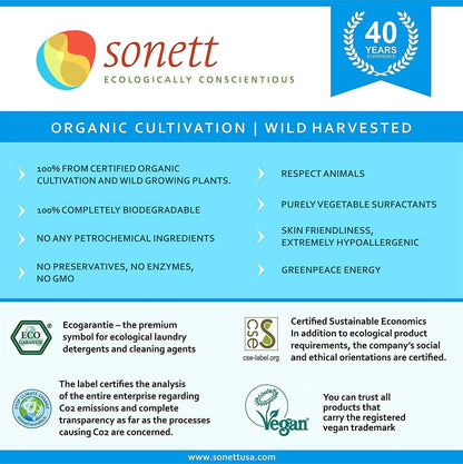 Sonett Organic Laundry Liquid Detergent Sensitive (2.6 gal/10L) for people with allergies GMO free