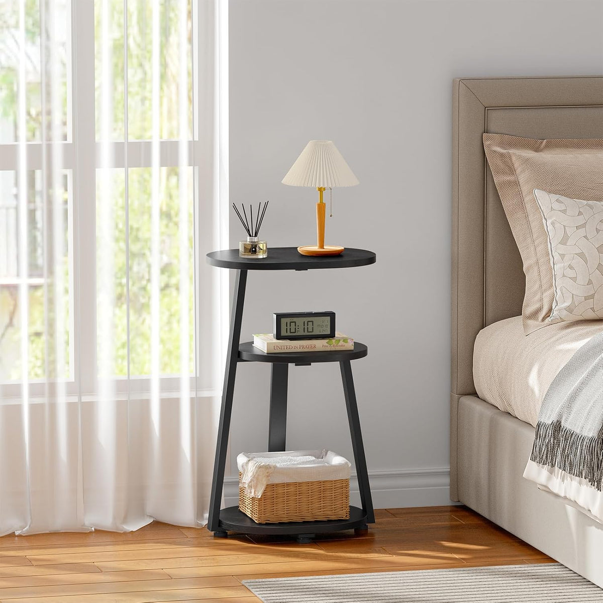 Side Table, Small End Table with Metal Frame, 3-Tier Bedside Tables, Round Side Tables for Living