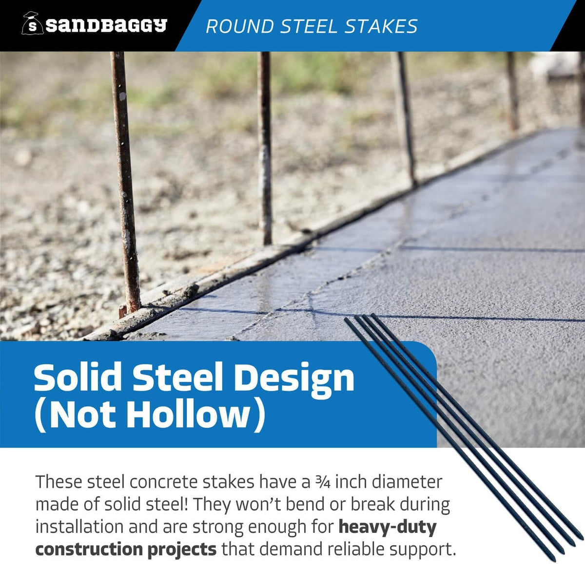 Sandbaggy Round Steel Concrete Form Stakes with Nail Holes - Rust Resistant Coating - Removable