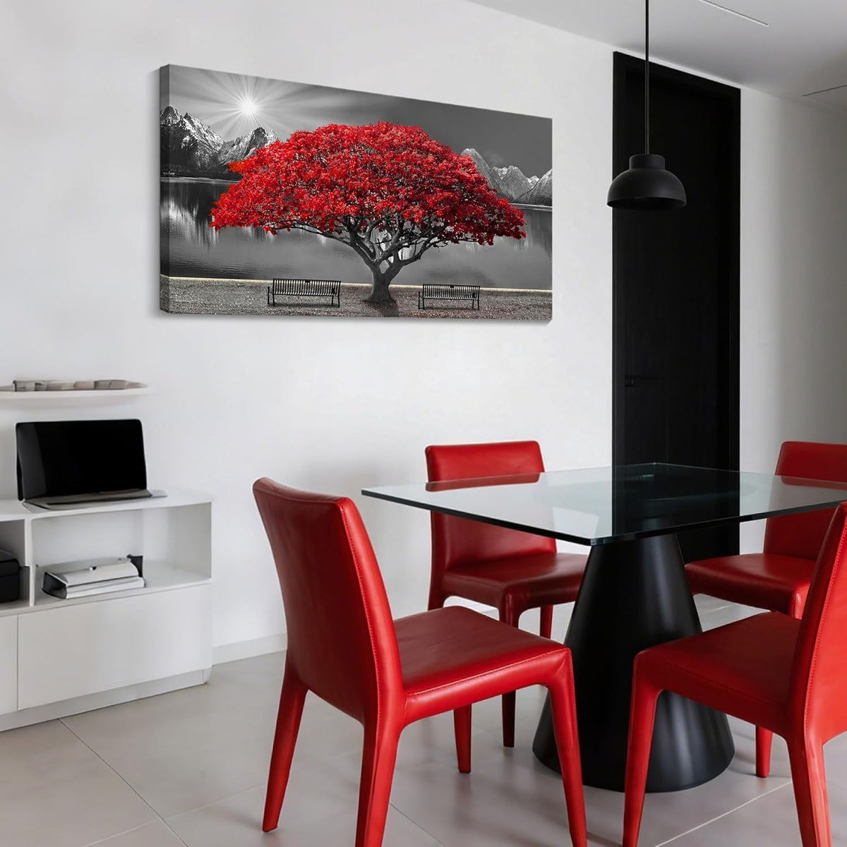 Black and White Red Tree Wall Art Canvas Print Picture Large Red Tree Landscape Modern Artwork for