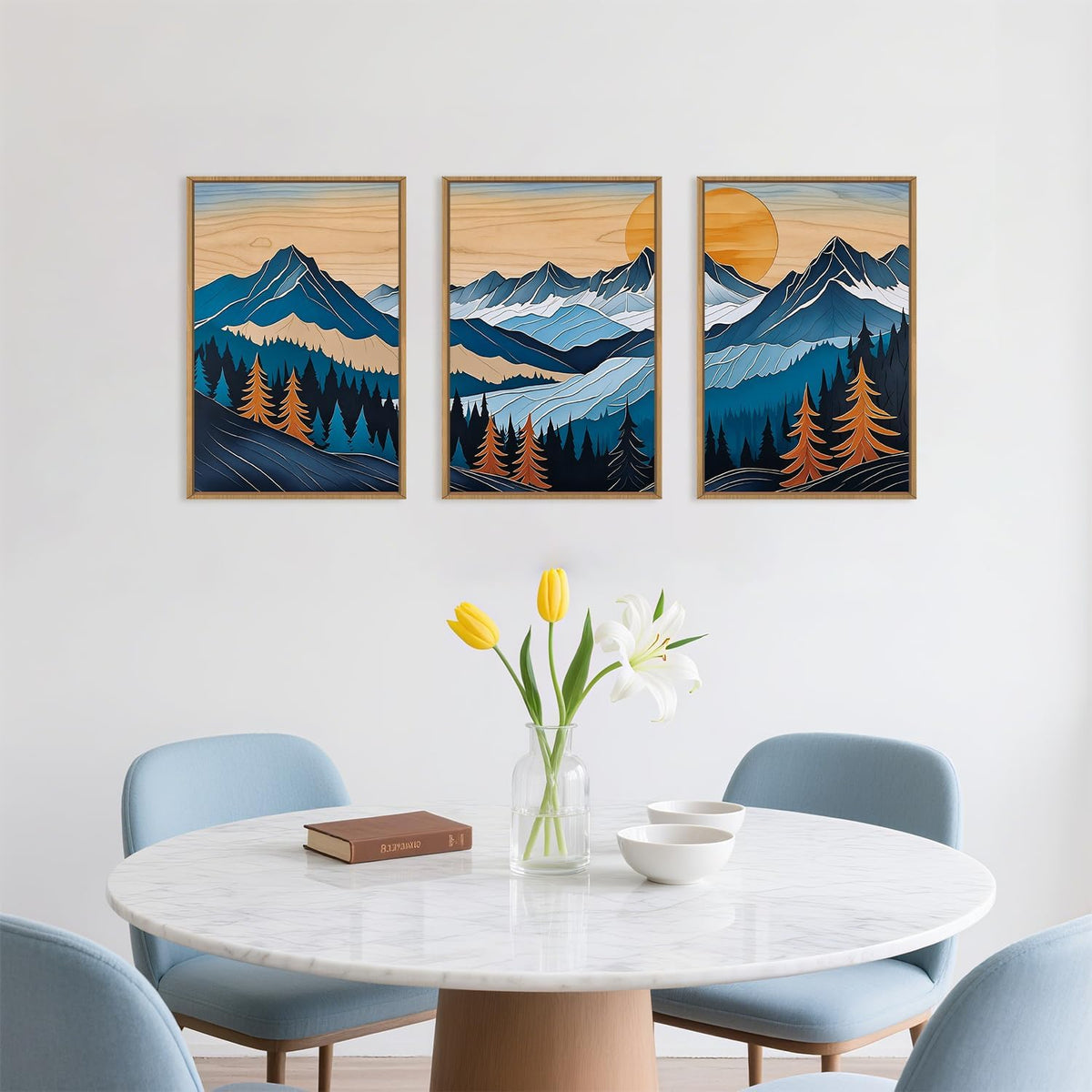 Celestdeco Blue Woodcut Mountain Framed Canvas Wall Art Set, Boho Abstract Ridge Wall Decor, Pine
