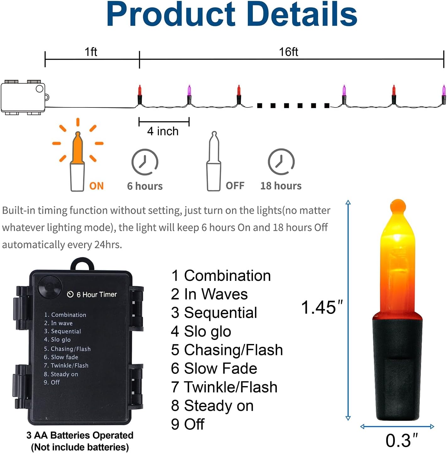 WATERGLIDE 50 LED Outdoor Halloween Lights, 16 FT Mini String Light with 8 Modes, Waterproof