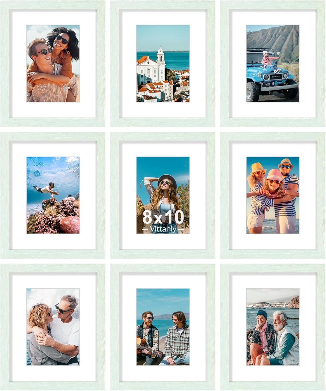 Vittanly 8x10 Picture Frames Set of 9, Shatter Resistant Plexiglass, Display 5x7 Pictures with Mat