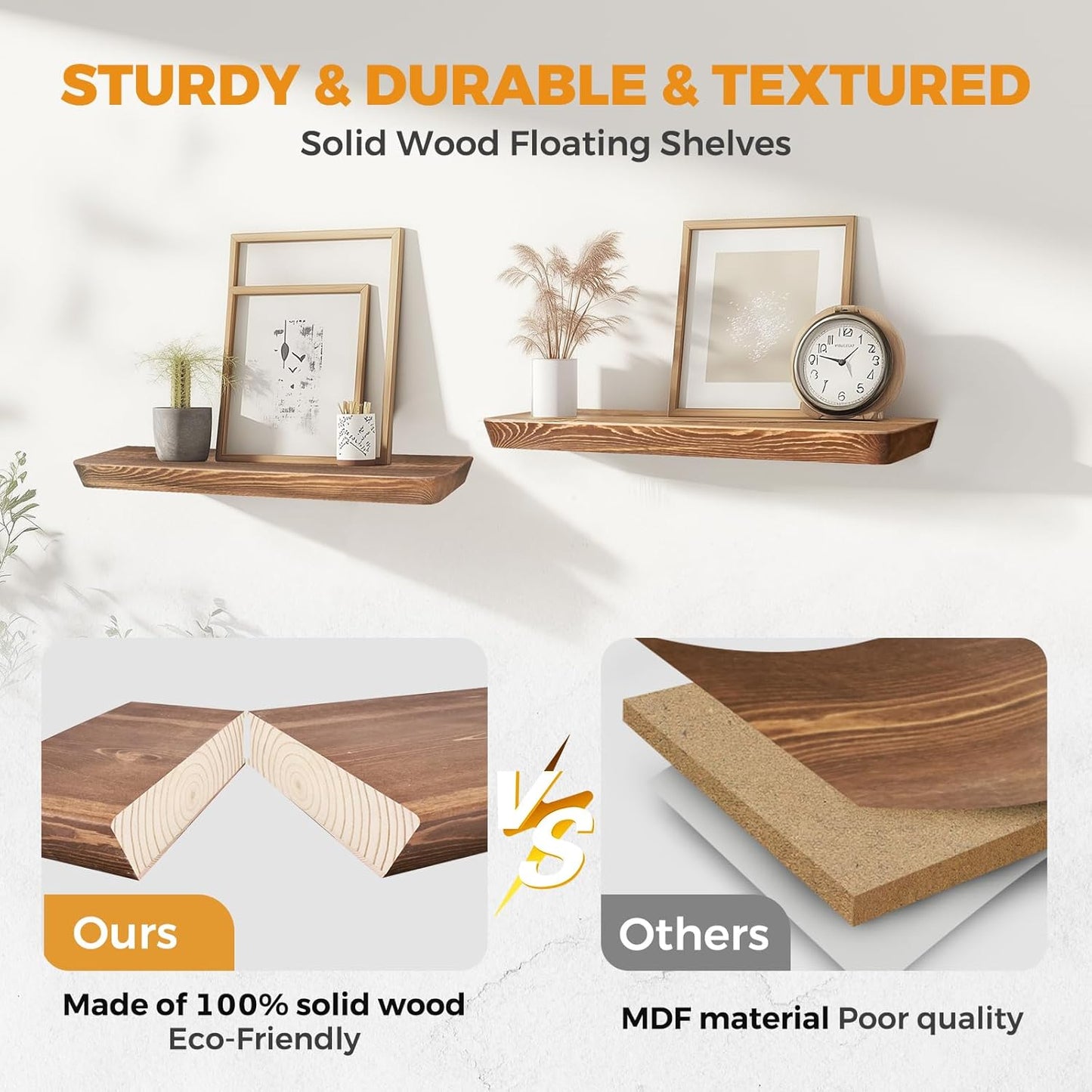 16"x6.8"x1.6" Slanted Floating Wall Shelves 2-Pack - Rustic Brown Finish, Heavy-Duty Solid Wood