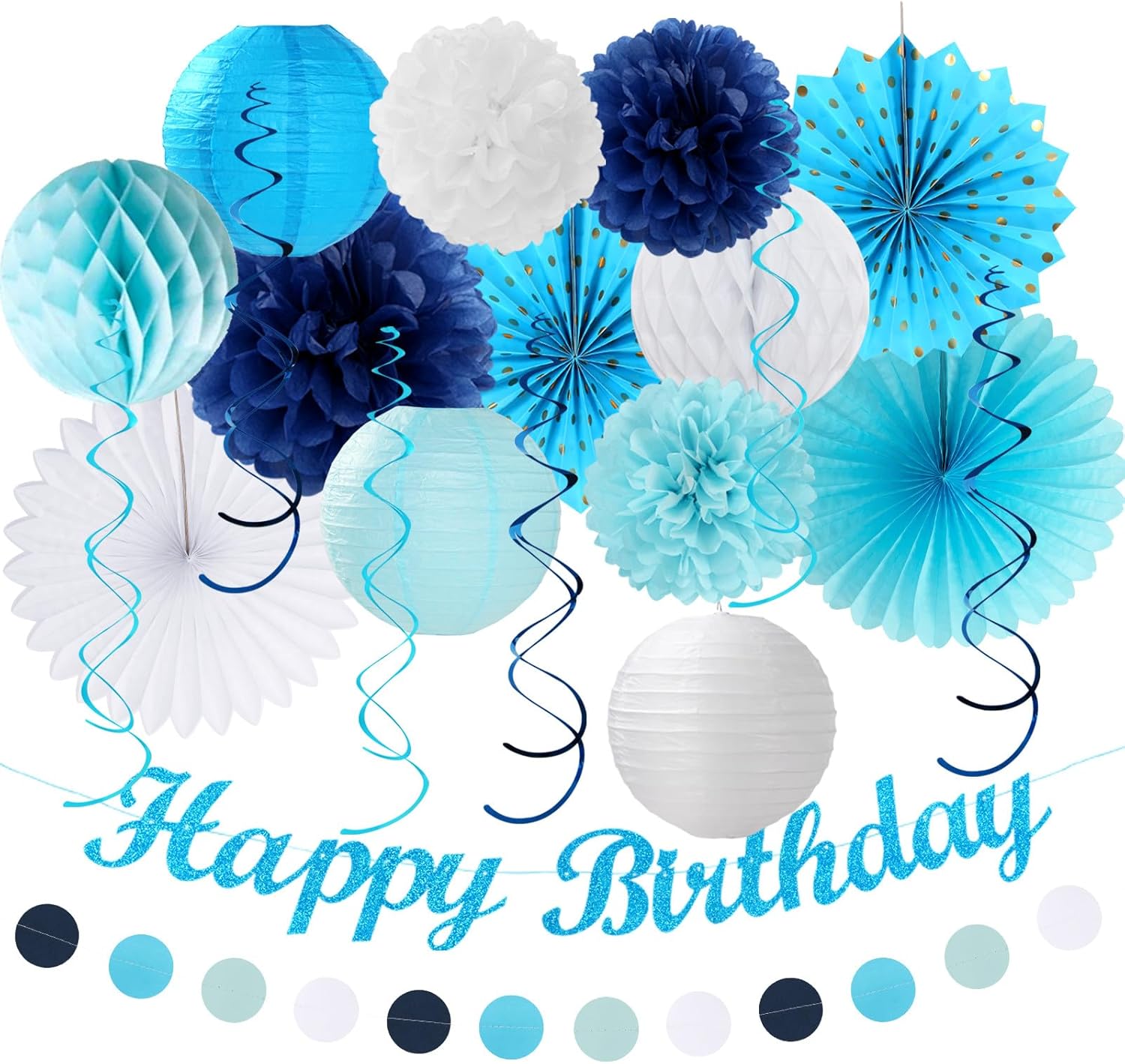 Light-Royal Blue White Birthday Party-decorations - 21pcs Boys Men Ocean Happy Banner,Navy Dusty