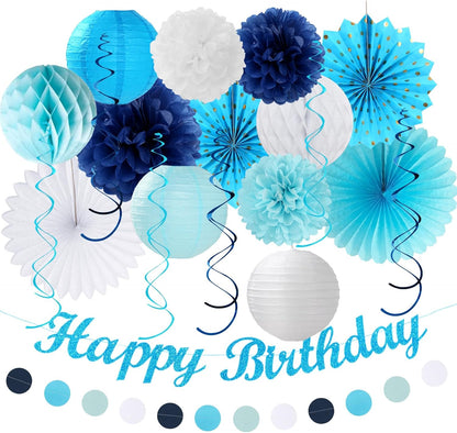 Light-Royal Blue White Birthday Party-decorations - 21pcs Boys Men Ocean Happy Banner,Navy Dusty