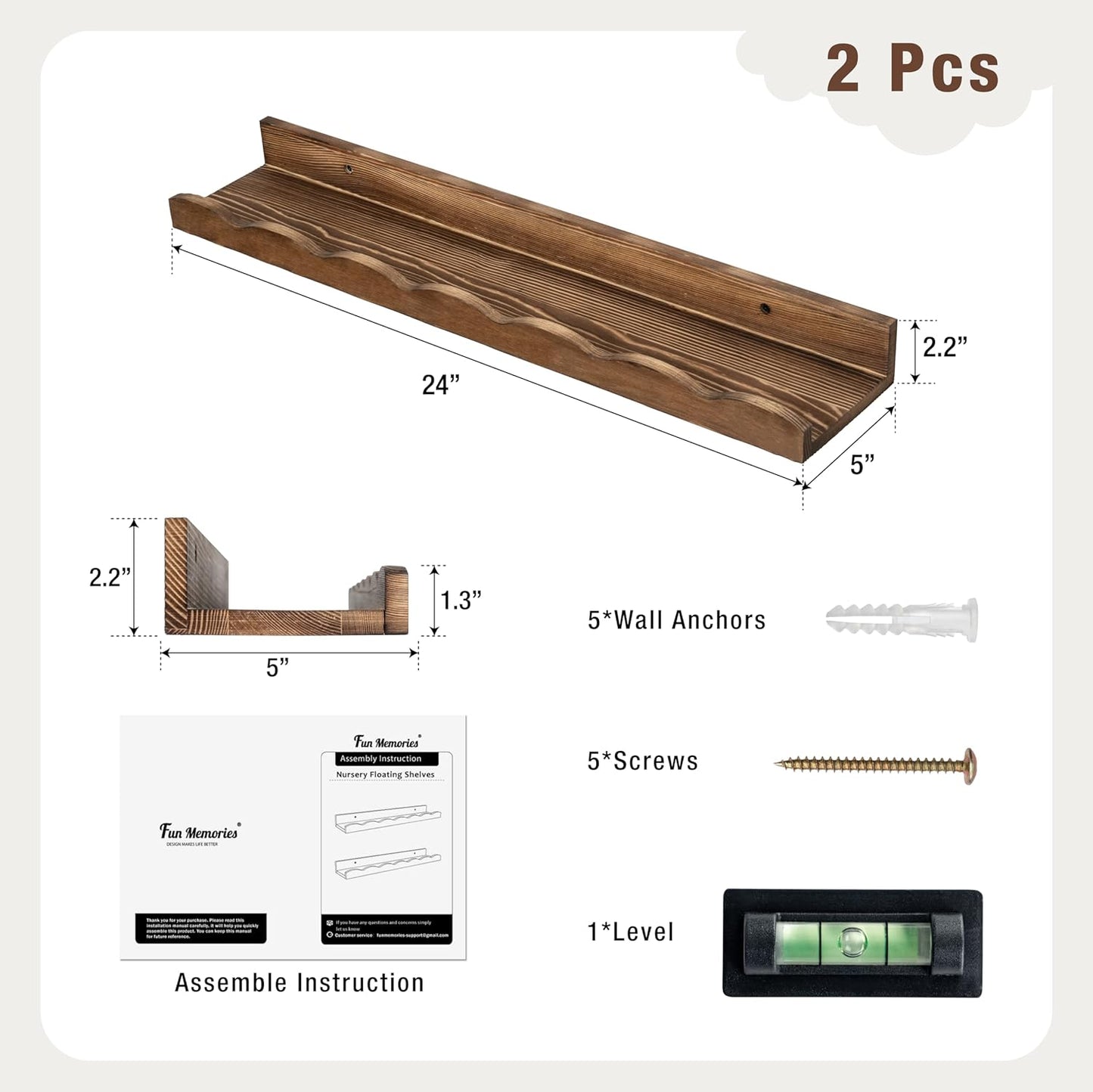 Fun Memories Picture Ledge Shelf for Wall, 24 inch Pine Wood Nursery Book Shelves Set of 2- Wall