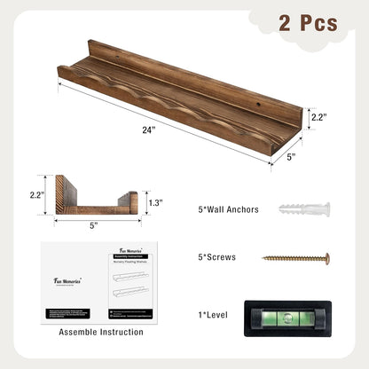 Fun Memories Picture Ledge Shelf for Wall, 24 inch Pine Wood Nursery Book Shelves Set of 2- Wall