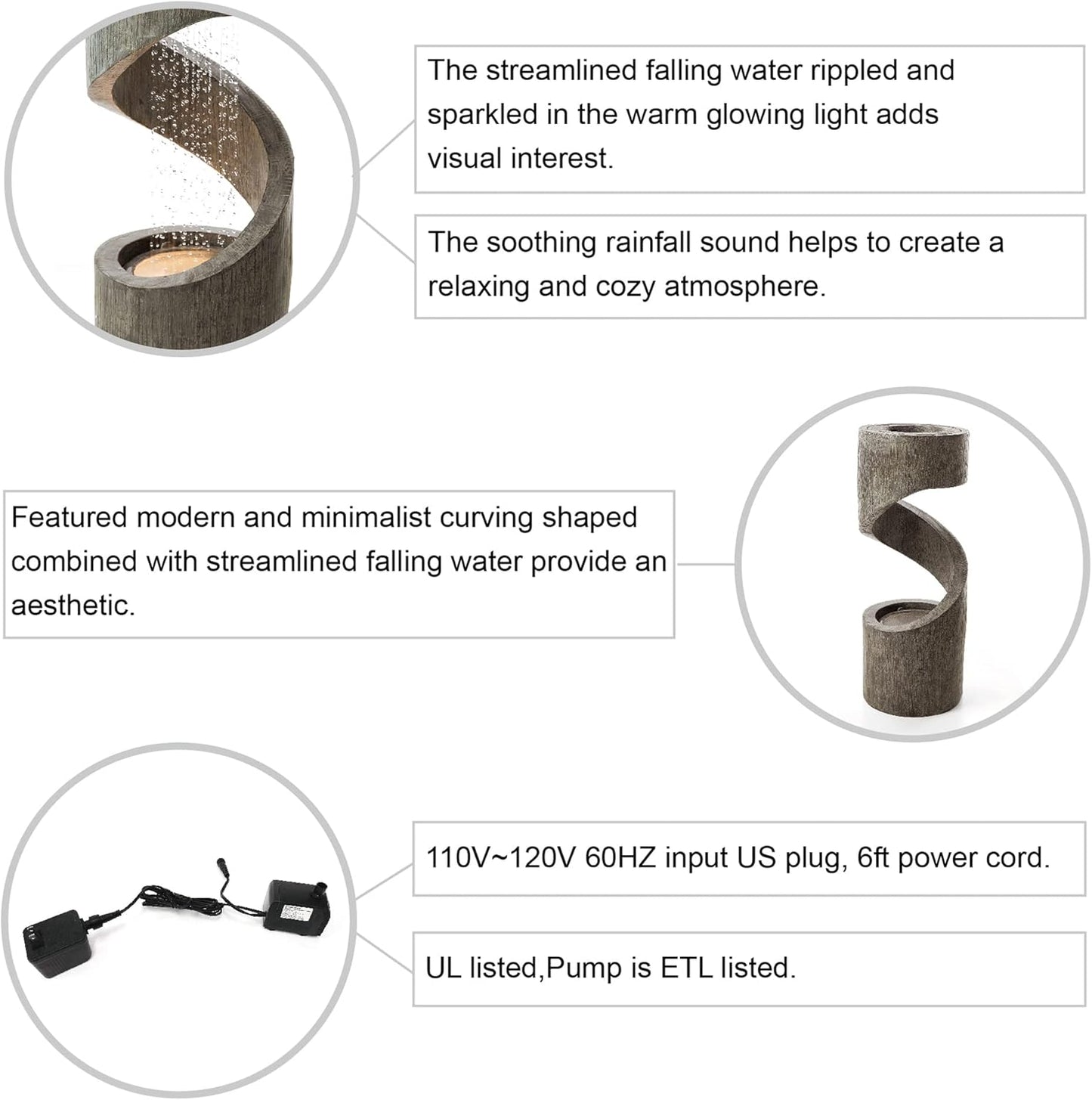 Glitzhome Tiered Outdoor Water Fountain with LED Light, Curved Outdoor Fountain Waterfall with