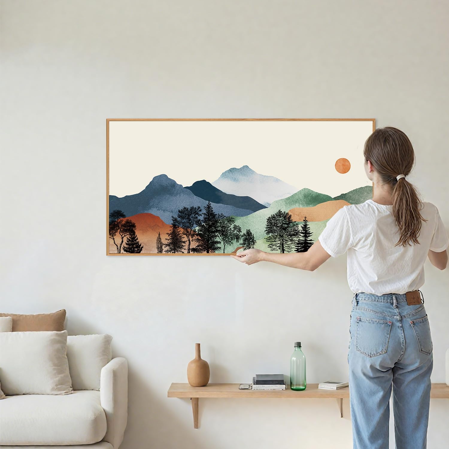 SIGNINART Large Boho Mountains Framed Canvas Wall Art, Watercolor Nature Landscape Art Prints