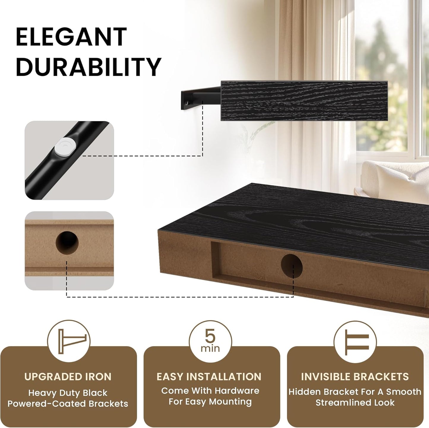 Floating Shelves for Wall, 55"W x 9.3"D x 1.5"H, Long Wooden Wall Mounted Display Shelves with